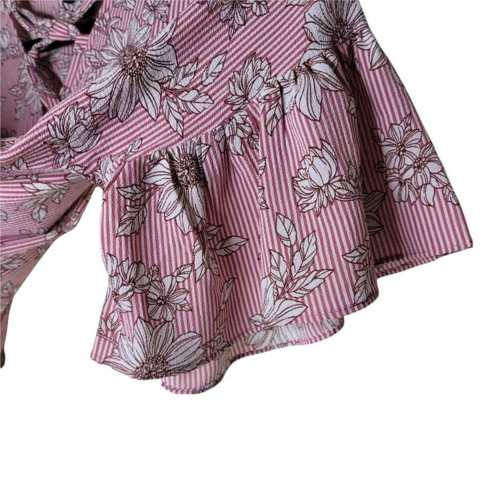 NWT B Collection By Bobeau Pink Floral Striped Criss Cross Bell Sleeves Size S - Picture 3 of 6